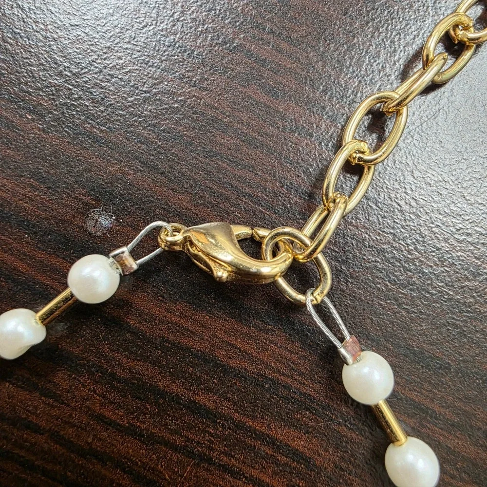 Napier Gold Tone Faux Pearl Bar Link Necklace 17 Inch Adjustable Clasp